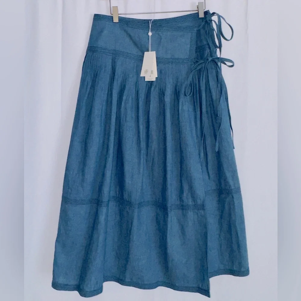 Tory Burch NWT Chambray linen blend pleated tiered wrap side tie midi skirt 6